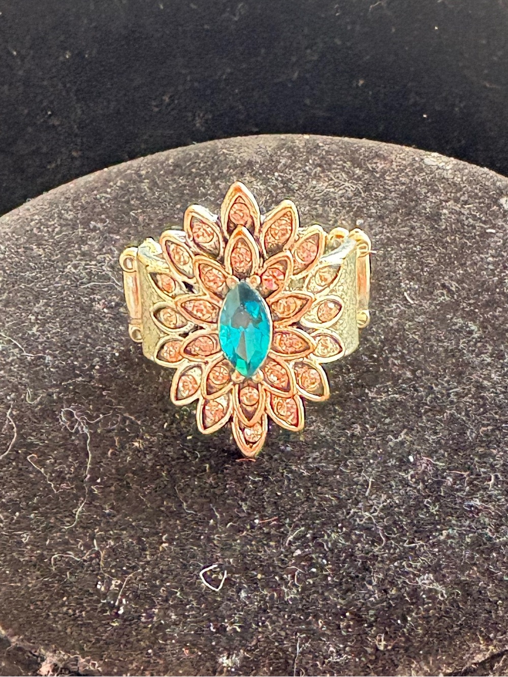Gold-Tone Floral Sunburst Ring with Teal Crystal